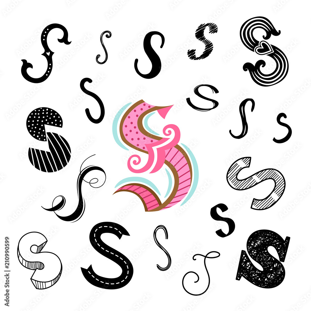 Set of letter S in different style. Freehand drawing on a white background. Can be used for scrapbook, postcards, etc.