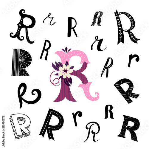 Set of letter R in different style. Freehand drawing on a white background. Can be used for scrapbook, postcards, etc.