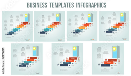 Business success startup,Conceptual infographics steps up ladders and doorway, template 3, 4, 5, 6, 7, 8, 9  positions, possible to use for diagram, web design, timeline, area chart, step up options.