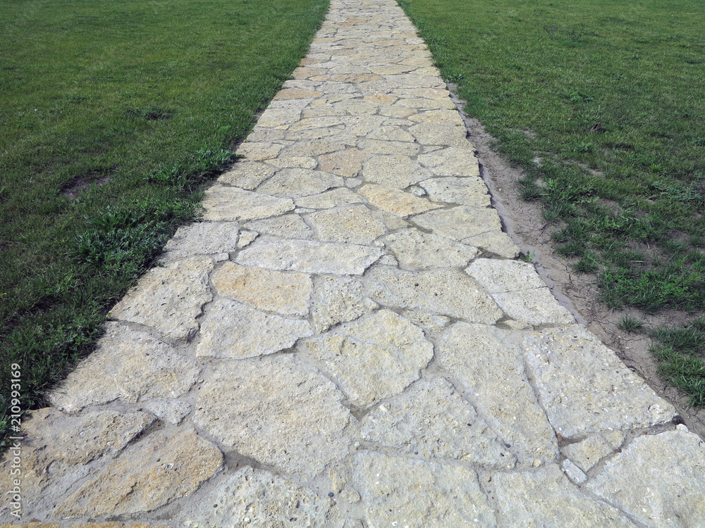 Paved stone brick walkway through green grass