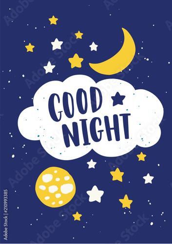Beautiful poster template for baby's room with crescent, moon in sky, stars, clouds and Good Night lettering handwritten with elegant calligraphic font