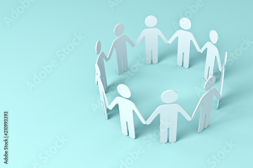 White Paper People Holding Hands In Circle on blue background . 3D rendering.