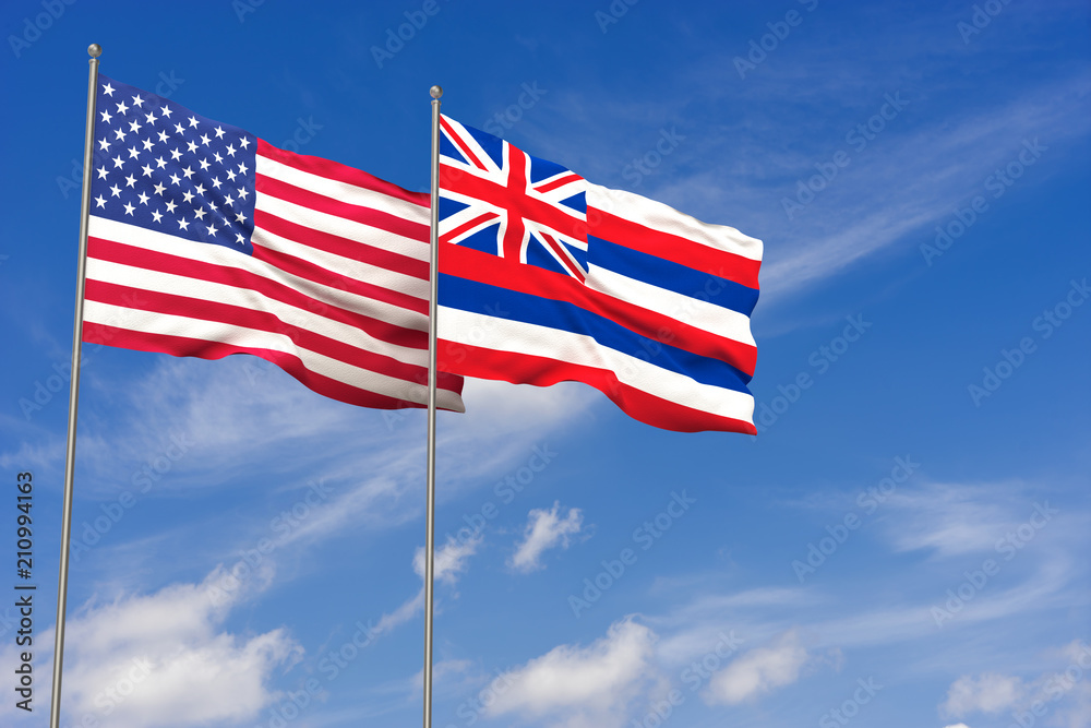 USA and Hawaii flags over blue sky background. 3D illustration