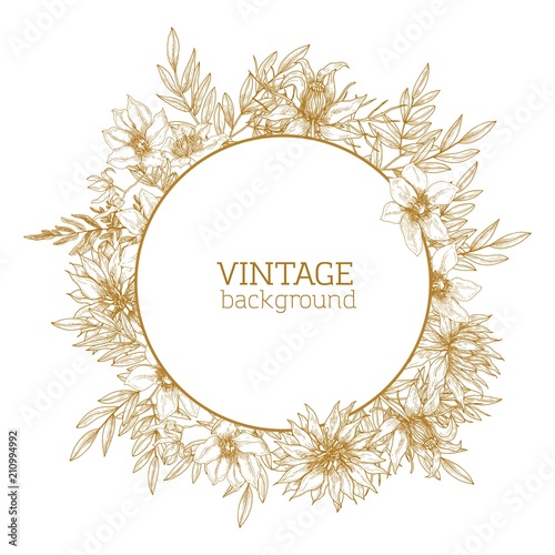 Round floral background, decorative frame or wreath consisted of wild blooming nigella and clematis flowers hand drawn with contour lines on white background. Elegant monochrome vector illustration.
