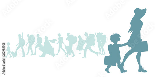 Silhouette of mother and daughter traveling with suitcases and backpacks and group of diverse travelers in the background