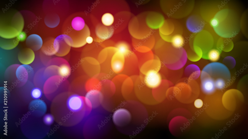 Abstract dark background with bokeh effects in various colors