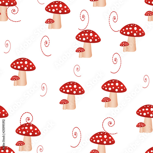 Seamless pattern with mushrooms and Dandelion Seamless pattern with toxic amanita mushrooms. Fly-agaric background.