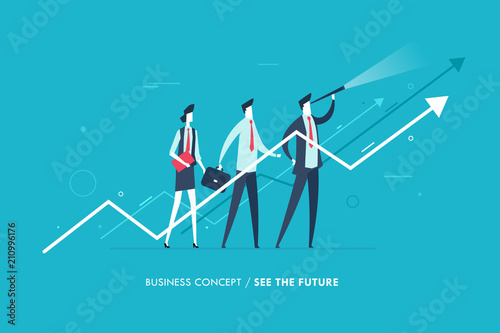 Businessman with telescope looking to the future. growth charts, group. Vector illustration. Success, rates