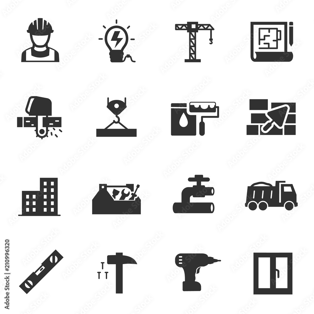Building construction, monochrome icons set. Constructing a house or