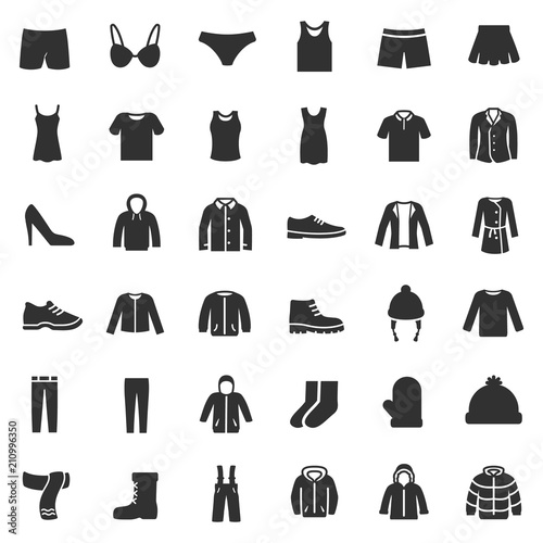 men's and women's clothing for different seasons, monochrome icons set. simple symbols collection
