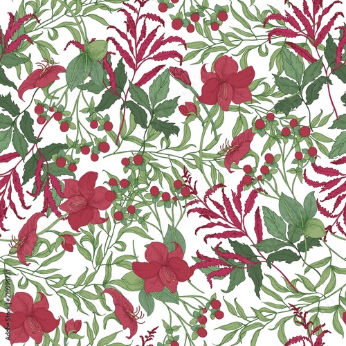 Beautiful seamless pattern with beautiful red blooming garden flowers, berries and leaves on white background. Elegant floral backdrop. Botanical vector illustration for wrapping paper, fabric print.