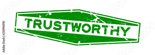 Grunge green trustworthy word hexagon rubber seal stamp on white background