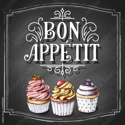 Bon Appetit hand lettering, vintage drawn typography with cupcakes draft sketch, custom letters on black chalkboard background. Vector illustration.