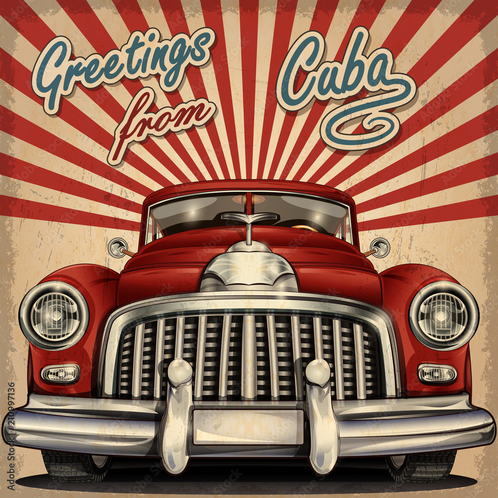 Plakat Rocznika turystyczny kartka z pozdrowieniami z retro samochodem. Kuba.