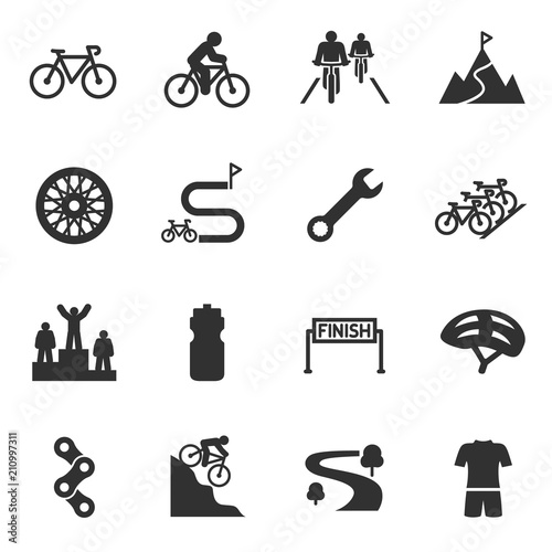 Bicycle riding, cycling monochrome icons set. Bike and attributes, simple symbols collection
