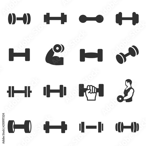 Dumbbell, monochrome icons set. dumbbells various forms, simple symbols collection