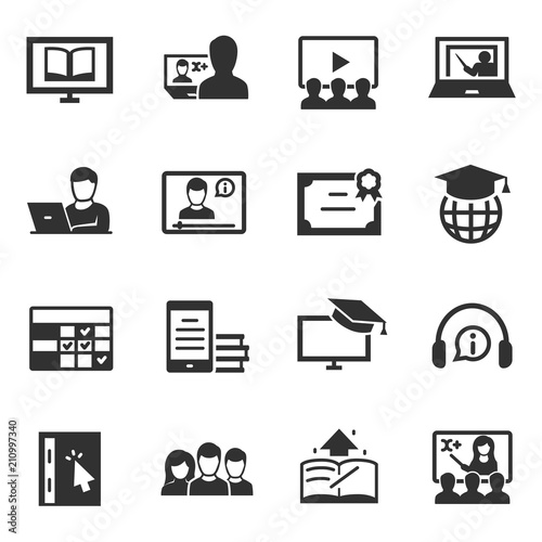 e-learning, monochrome icons set. Distance learning specialty, simple symbols collection
