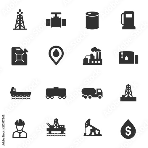 Oil and petroleum industry, monochrome icons set. simple symbols collection
