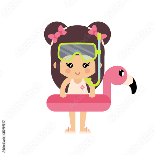 cartoon summer girl in a swimsuit with diving mask and flamingo float