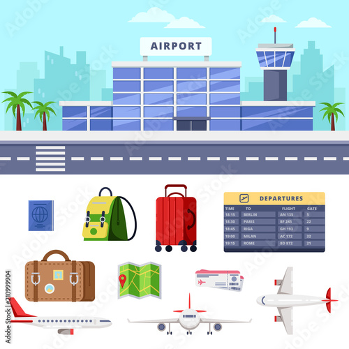 Airport terminal building, vector flat illustration. Air travel design elements. Airplane and luggage icons