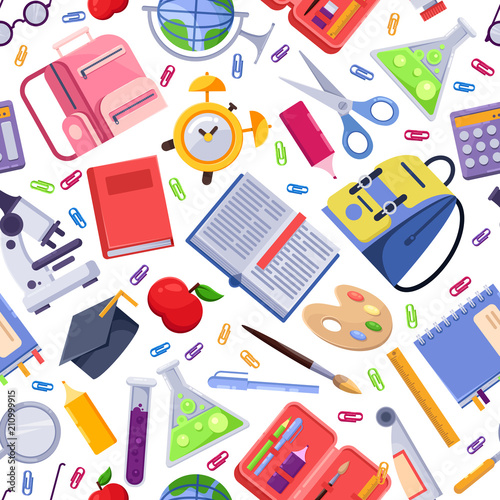 Back to school vector seamless pattern. Colorful education stationery supplies and tools. Fashion print background