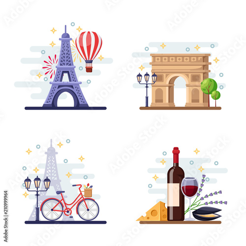 Travel to Paris vector flat illustration. City symbols, landmarks and food. France icons and design elements