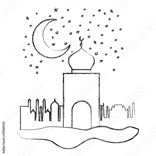 arabic castle with moon in the night scene vector illustration design
