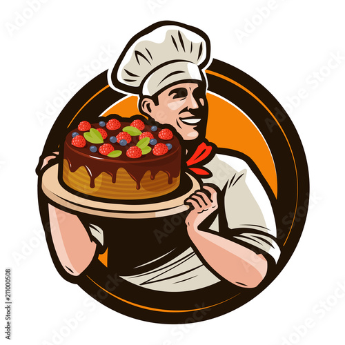 Pastry shop logo or label. Chef with cake on a tray. Cartoon vector illustration