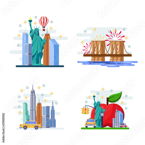 Travel to New York vector flat illustration. City symbols, landmarks and famous places. USA icons and design elements