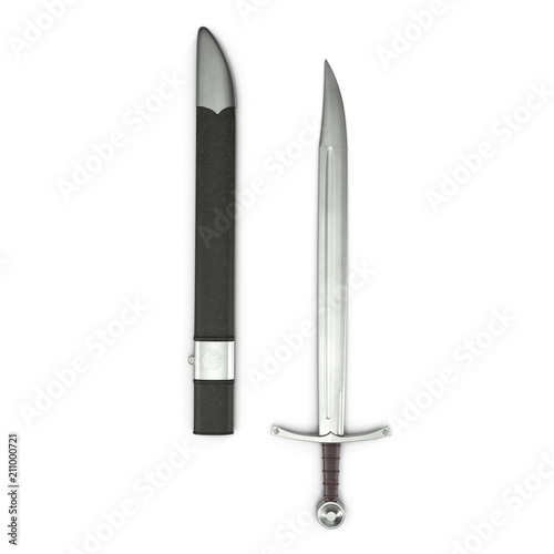European Falchion Sword with Sheath on white. Top view. 3D illustration