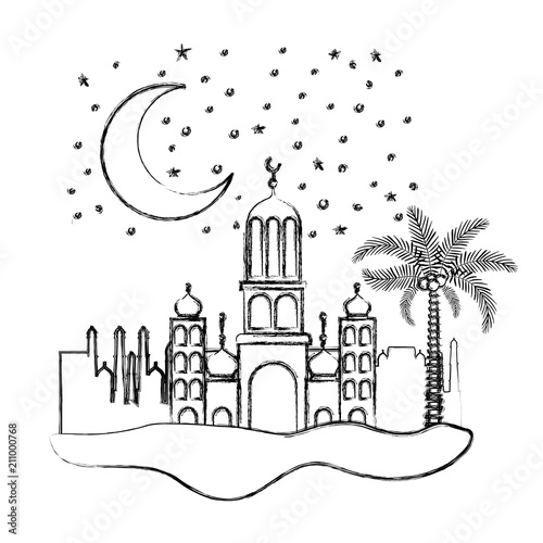 arabic castle with moon in the night scene vector illustration design