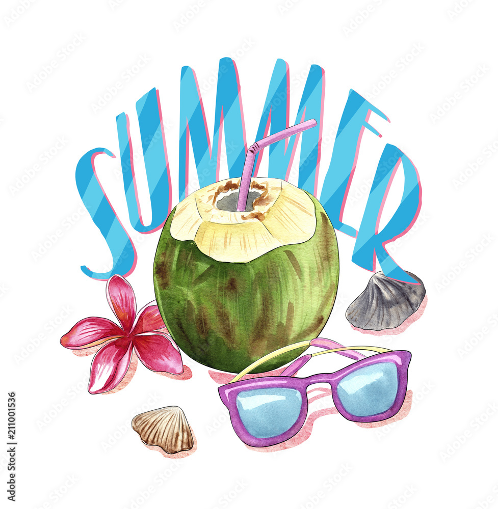 eftertiden Optagelsesgebyr Tage med beach vacation stuff, summer watercolor illustration with coconut,  sunglasses, plumeria and shells, isolated clip art Stock-illustration |  Adobe Stock