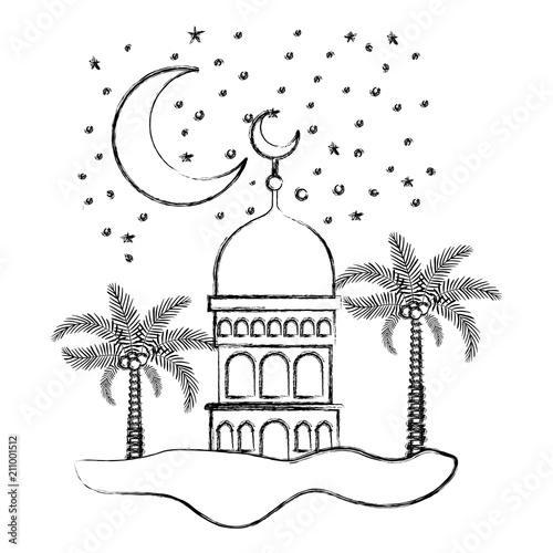arabic castle with moon in the night scene vector illustration design