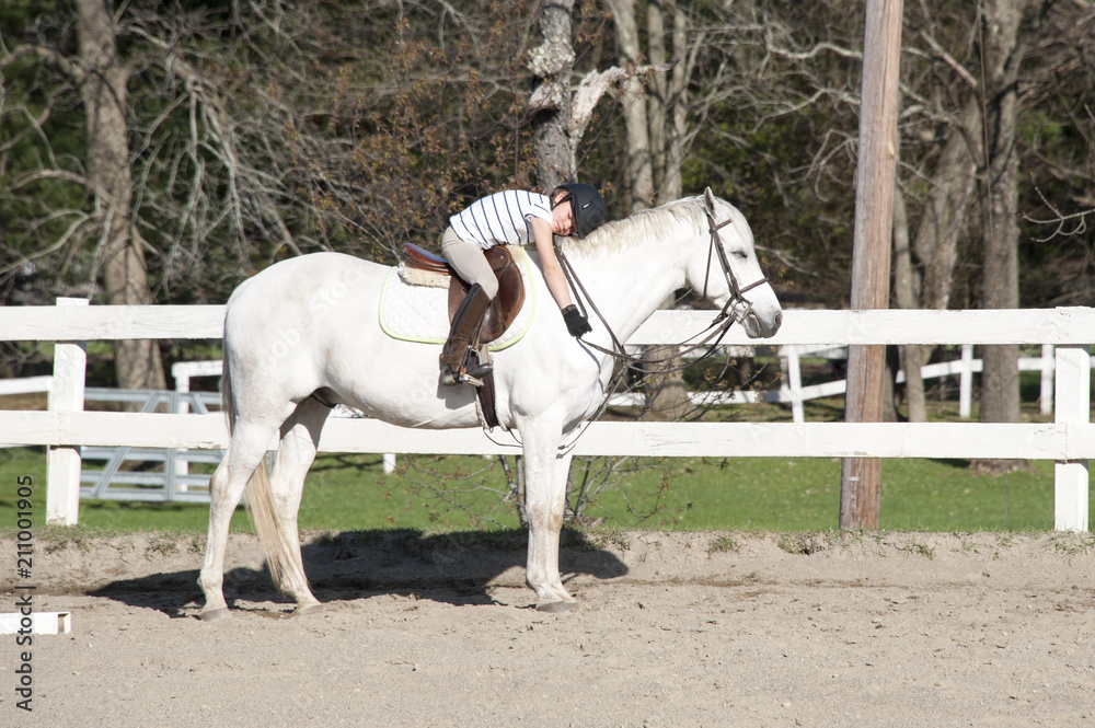 Young girl hugging horse at horseback riding lesson. Young girl hugging horse at horseback riding lesson.