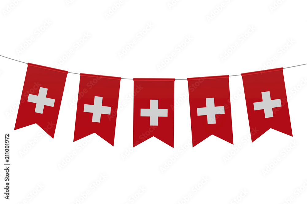 Switzerland national flag festive bunting against a plain white background. 3D Rendering Switzerland national flag festive bunting against a plain white background. 3D Rendering