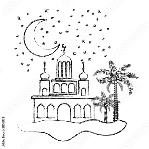 arabic castle with moon in the night scene vector illustration design