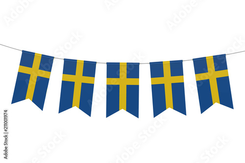 Sweden national flag festive bunting against a plain white background. 3D Rendering photo