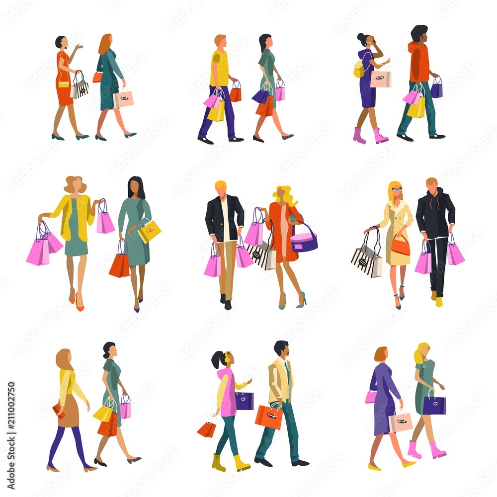 People shopping. Men and women come with packages. Isolated vector illustration.