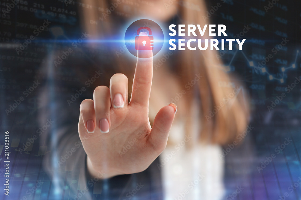 The concept of business, technology, the Internet and the network. A young entrepreneur working on a virtual screen of the future and sees the inscription: Server security The concept of business, technology, the Internet and the network. A young entrepreneur working on a virtual screen of the future and sees the inscription: Server security