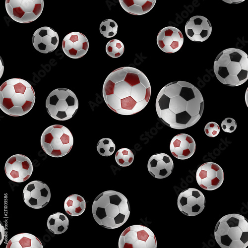 red Soccer-balls isolated on black background seamless pattern 3d illustration