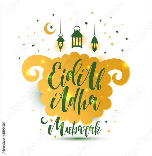Eid Al Adha Calligraphy Text with sheep illustration for eid Mubarak Celebration Background.
