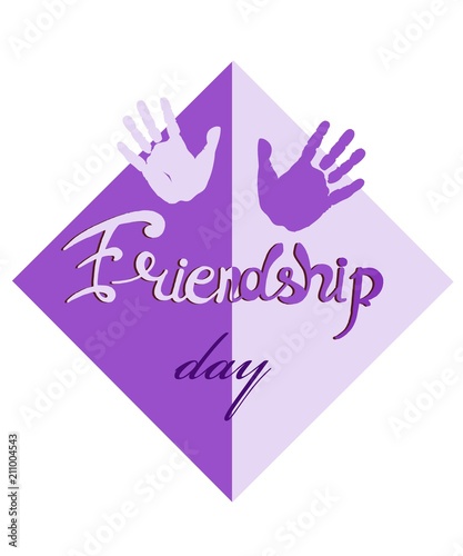 inscription Day of friendship with the palm prints on the geometric background of the cube