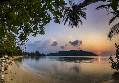 ocean seashore with palm at sunrise in Phangan island