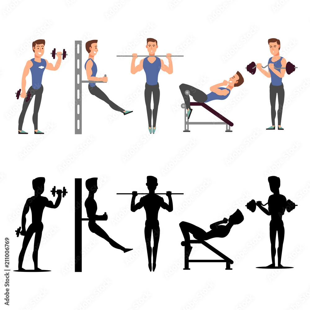 Sport man characters. Vector male fitness silhouettes Sport man characters. Vector male fitness silhouettes