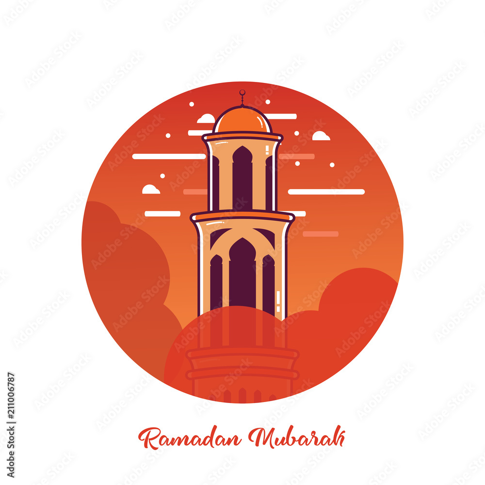 Ramadan Mubarak Greeting Card design with tower mosque vector Illustration. Ramadan Mubarak Greeting Card Background. Tower Mosque Flat Illustration. Ramadan Kareem. Flat Illustration.
