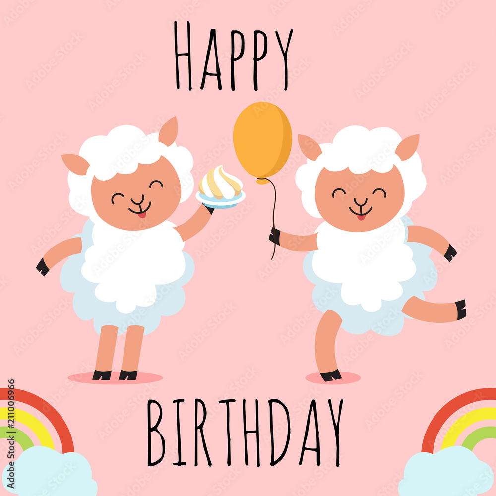Happy Birthday greeting card with cute cartoon character sheep, Happy Birthday greeting card with cute cartoon character sheep,