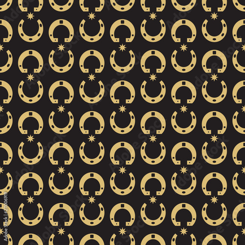 Gold horseshoe and stars seamless pattern