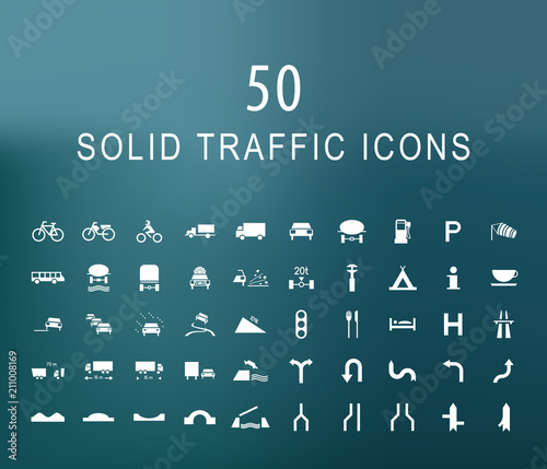 Set of 50 Solid Traffic Icons on Dark Background . Isolated Vector Elements
