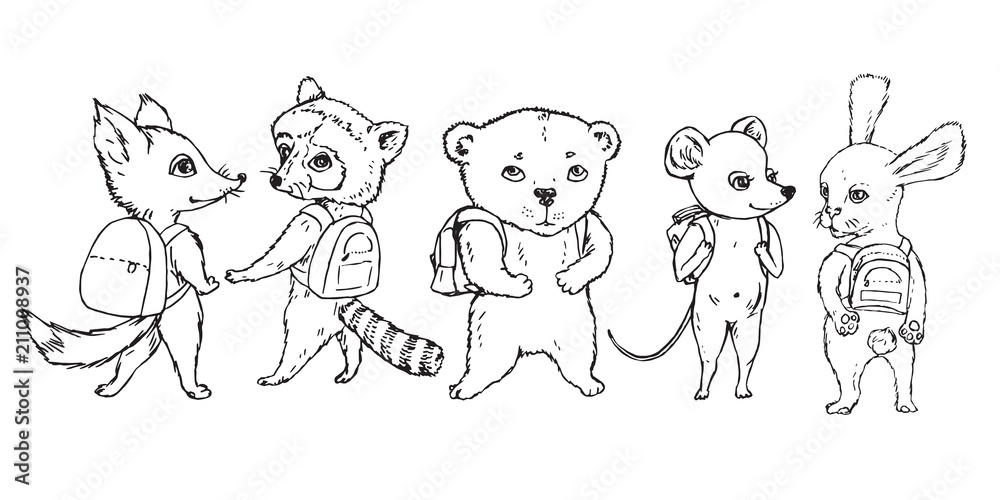 Animals collection: fox, raccoon, bear, mouse and rabbit with school bags on shoulders, hand drawn doodle, sketch, vector outline illustration
