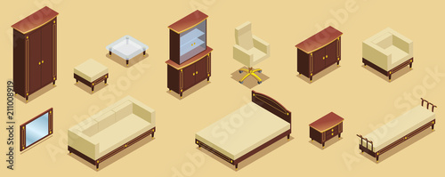 Isometric Hotel Furniture Elements Set